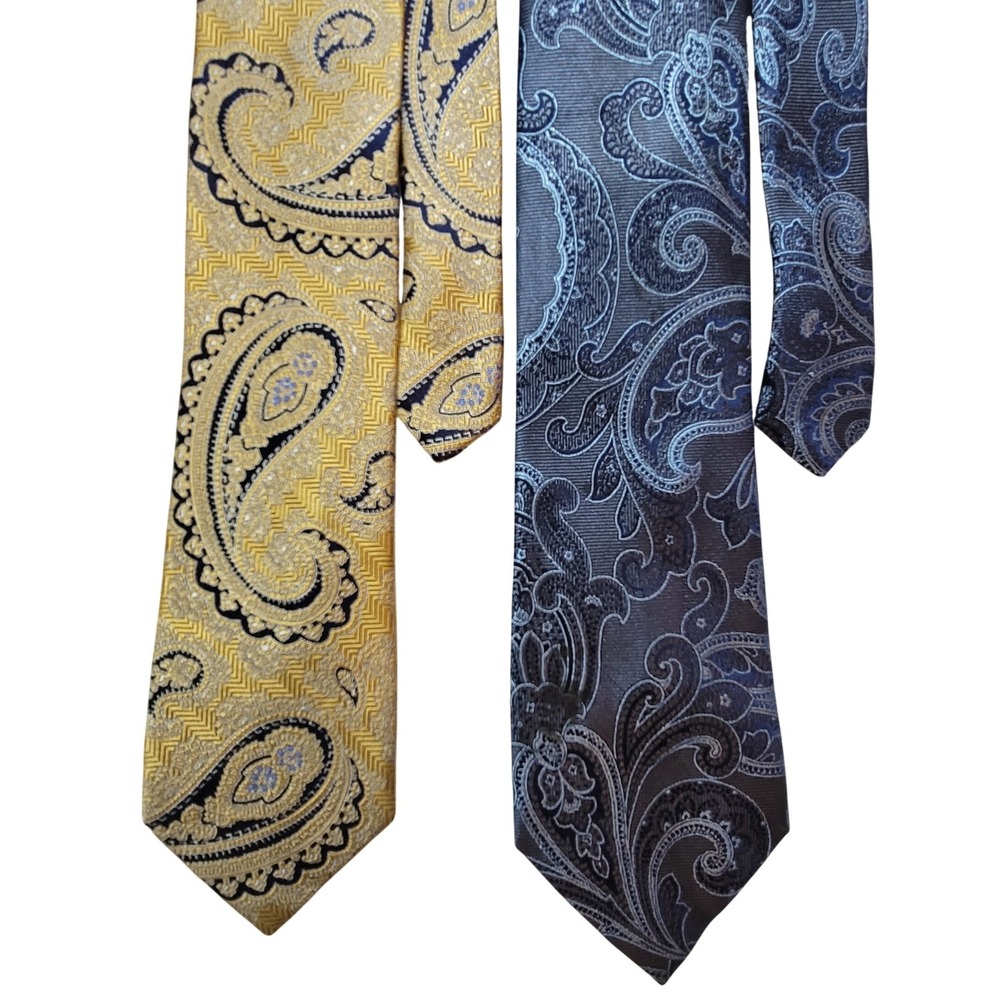 Jos A Bank Necktie Lot Mens OS Yellow Blue Paisley Heritage Traveler Silk Ties